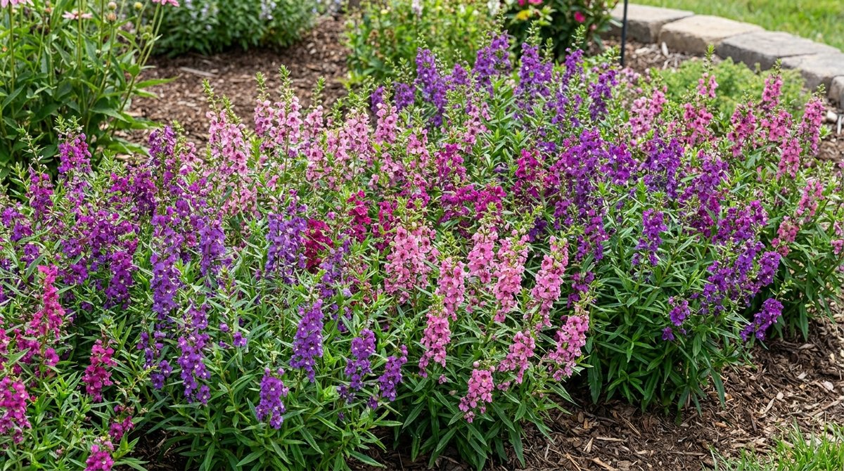 Angelonia angustifolia flowers in purple and pink, growing in a sunny garden bed.