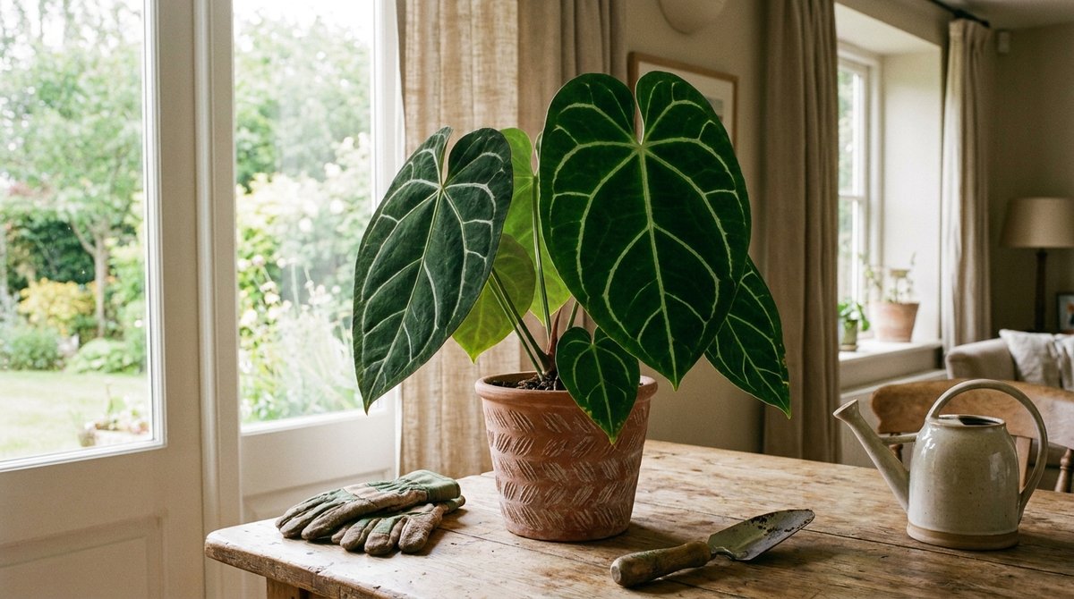 Anthurium crystallinum with velvety leaves and white veins in bright indirect light.