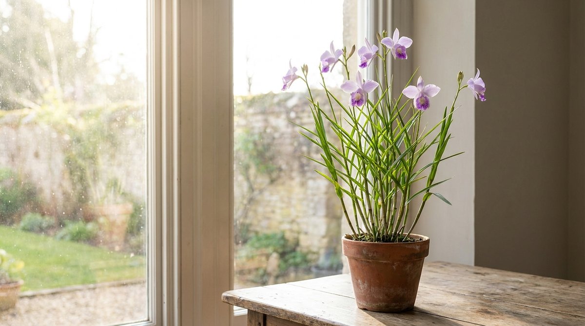 A potted Bamboo Orchid (Arundina graminifolia) about 0.5 meters tall, displaying green reedy stems and delicate lavender flowers, placed on a wooden table near a window for bright indirect light.