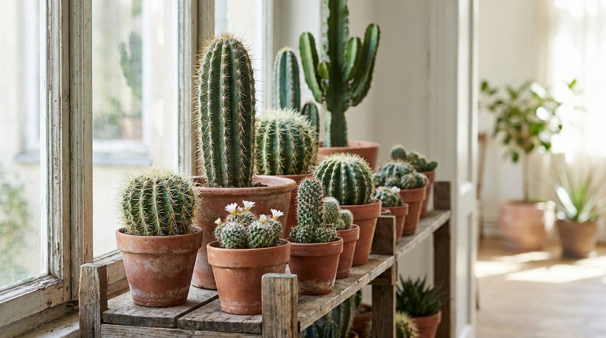 Assorted cactus plants in terracotta pots on a wooden shelf in natural daylight