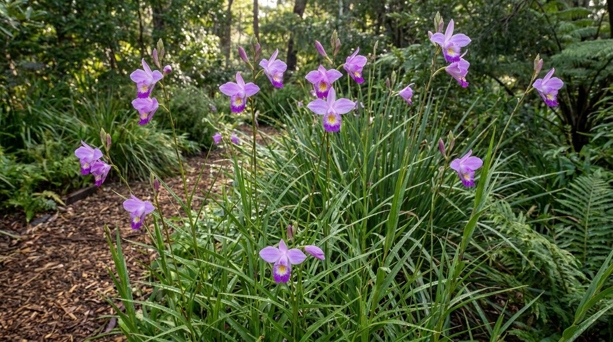 Bamboo Orchid (Arundina graminifolia) with purple flowers and grass-like foliage in a garden setting