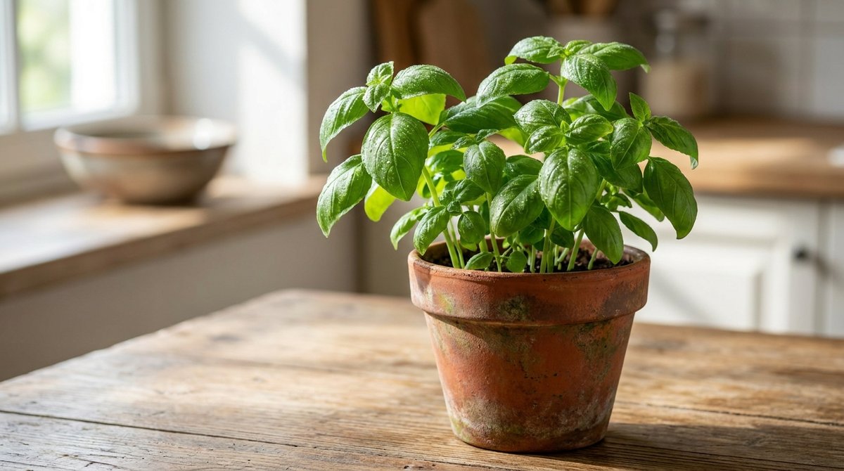 Healthy basil plants in a terracotta pot on a wooden table with natural light
