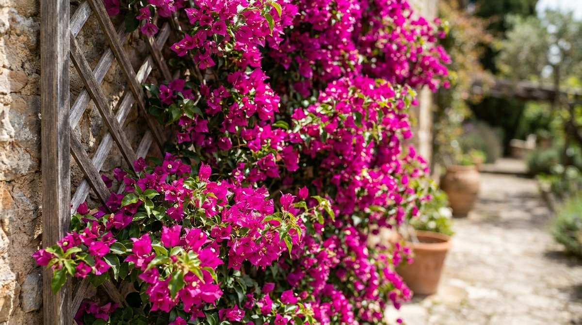 Bougainvillea with bright pink bracts climbing a wooden trellis in full sunlight.