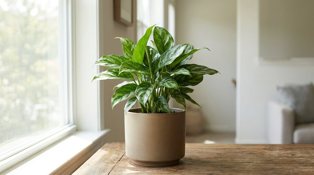 Brussels Diamond Oval plant with glossy oval leaves in a pot near a window
