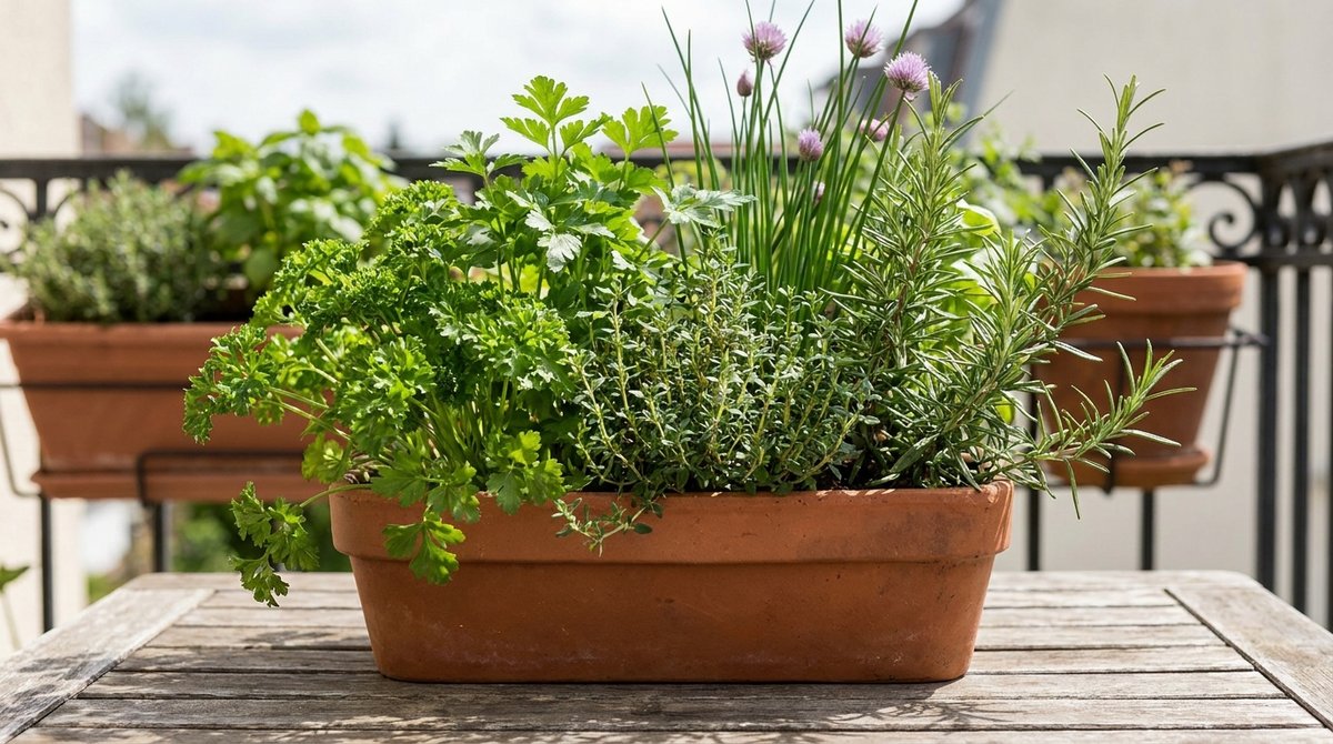 Mixed container of culinary herbs: parsley, thyme, rosemary, and chives