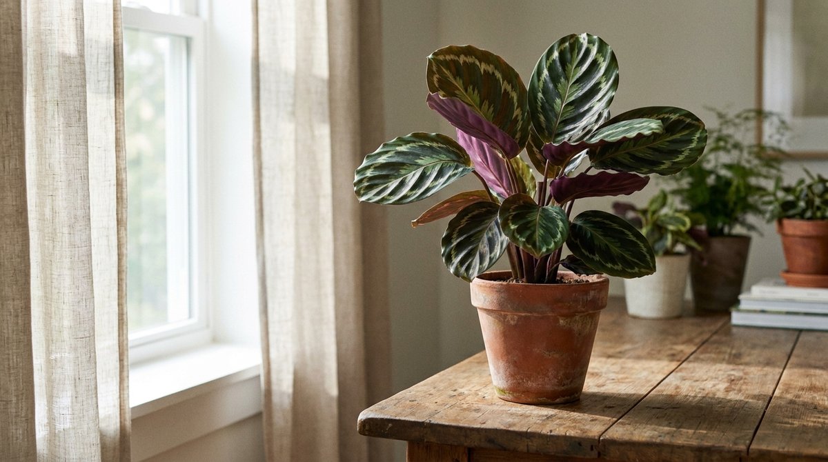 Calathea Medallion plant with large round leaves featuring dark green edges and light green centers in a terracotta pot by a window