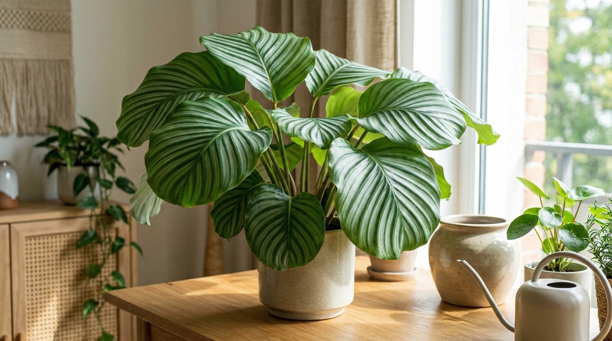 Calathea Orbifolia indoor plant with round striped leaves
