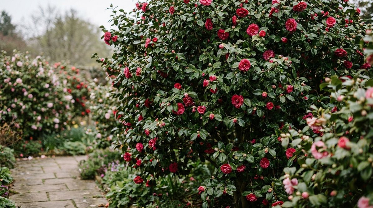 A Camellia shrub with pink flowers and glossy green leaves in a garden under natural light.