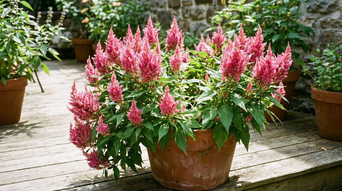 Celosia plumosa 'Lucky Doubles' with feathery pink flower plumes in a terracotta pot.