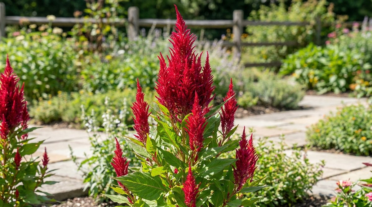 Tall red plumed celosia flowers in a garden bed with green foliage in bright sunlight