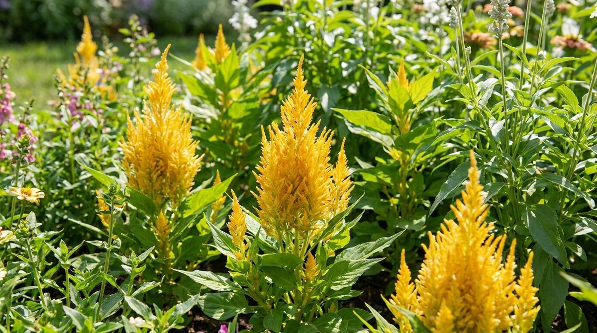 Celosia plumosa 'Yellow' with bright yellow feathery flower plumes in a sunny garden.