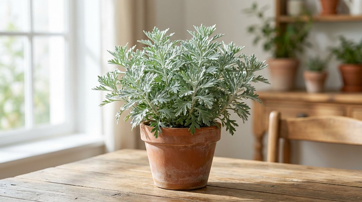 Chinese Wormwood plant in terracotta pot, silvery leaves in natural light