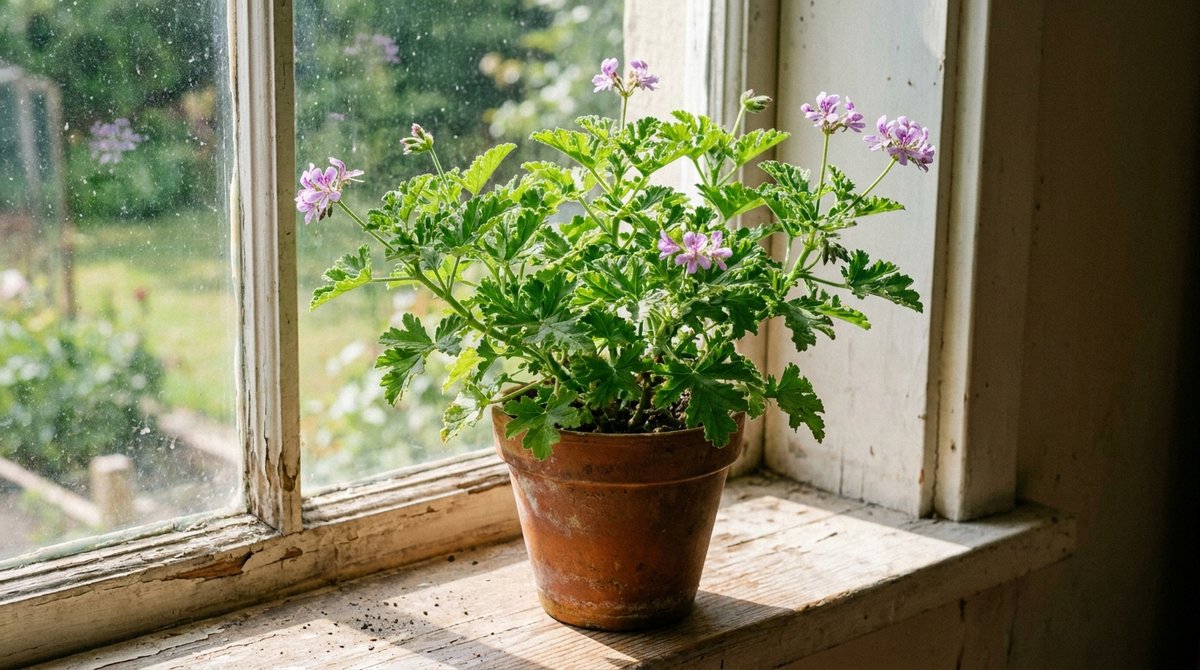 Citronella Mosquito Plant (Pelargonium graveolens) in terracotta pot on windowsill