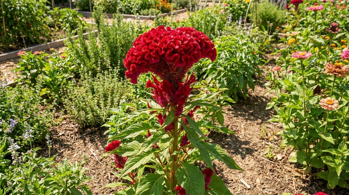 Tall red Cockscomb flower in full bloom