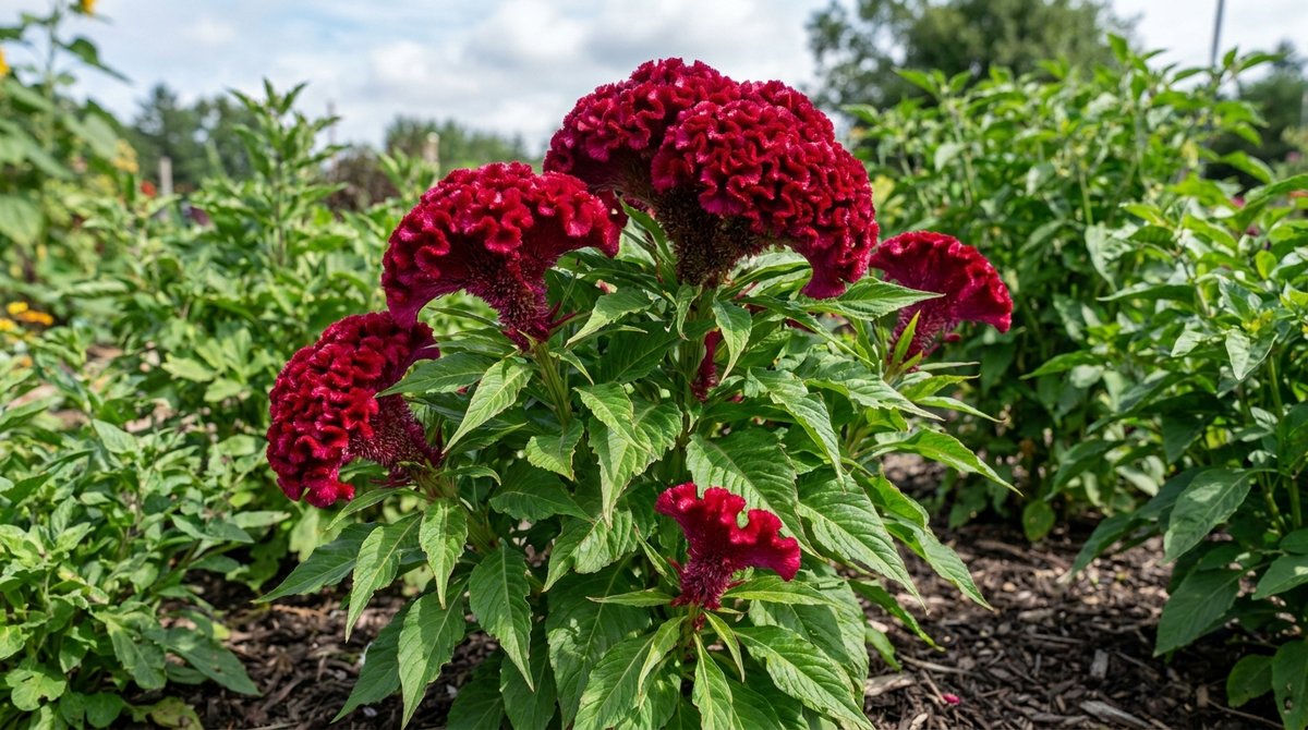Cockscomb Wine Red plant with vibrant crimson crested flowers and green foliage in a garden setting