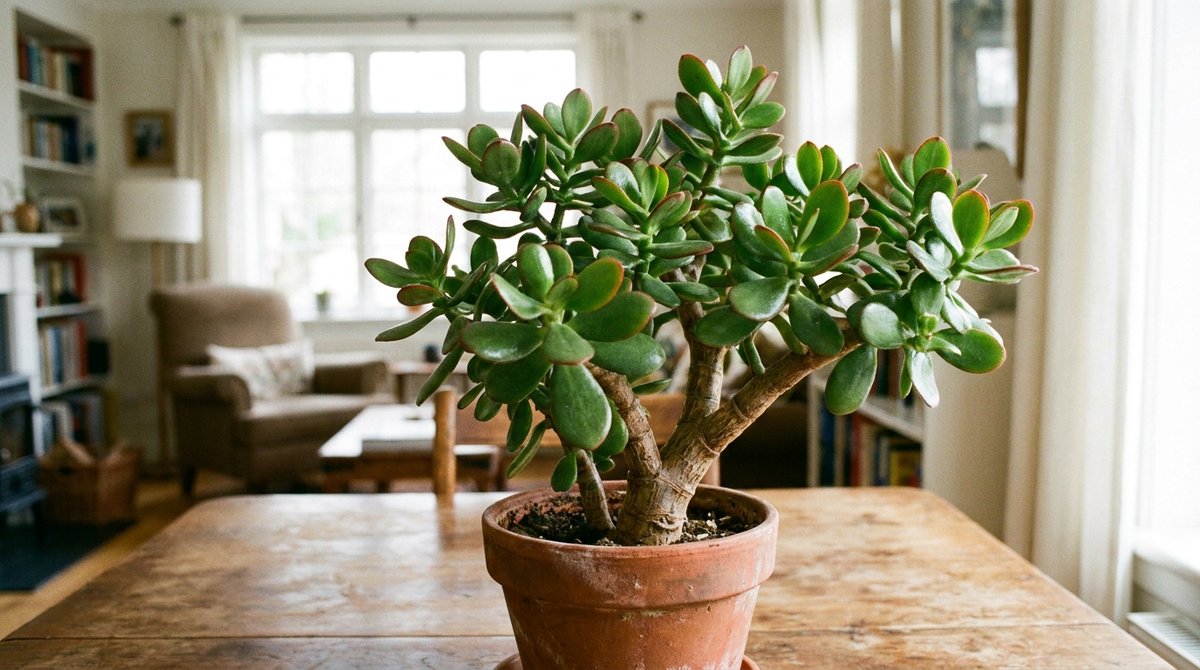 Healthy Crassula ovata jade plant in terracotta pot by sunny window