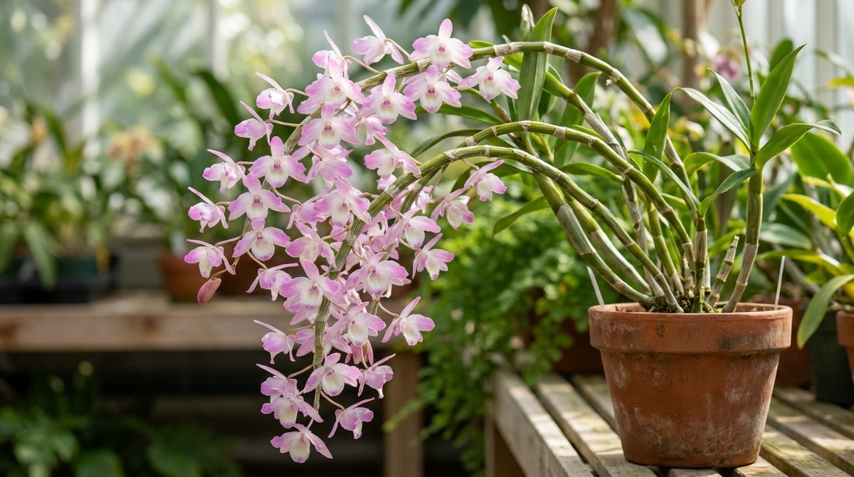 Close-up of a blooming Dendrobium orchid with pink and white flowers, set against a soft green background.