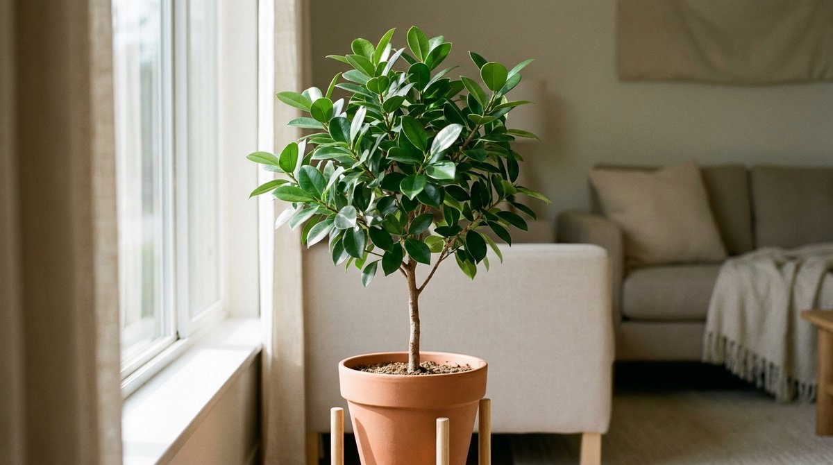 Glossy Leaf Fig (Ficus microcarpa) in a bright indoor corner with natural light.