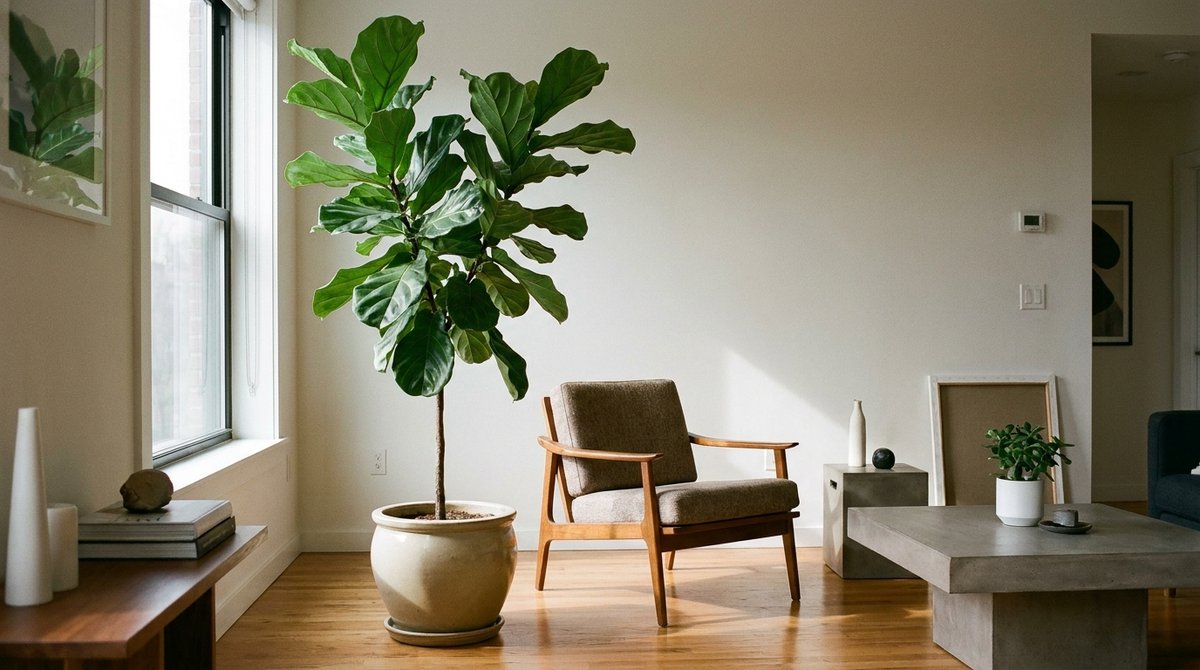A large, healthy Fiddle Leaf Fig (Ficus lyrata) standing in a bright living room with large leaves reaching upwards.