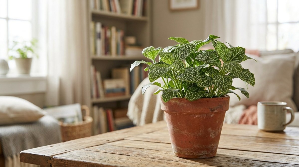 Fittonia nerve plant in a terracotta pot, with bold white veins and lush green leaves on a wooden table in natural light