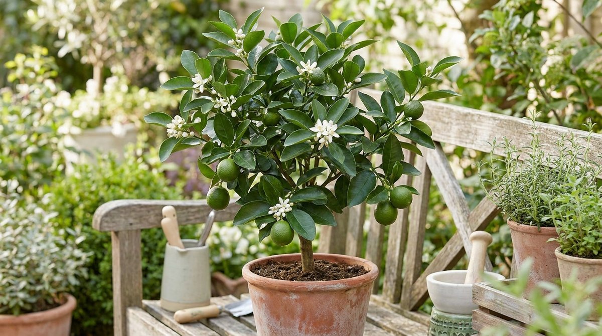 Four Season Lime tree in a pot with limes and blossoms, grown by Noah