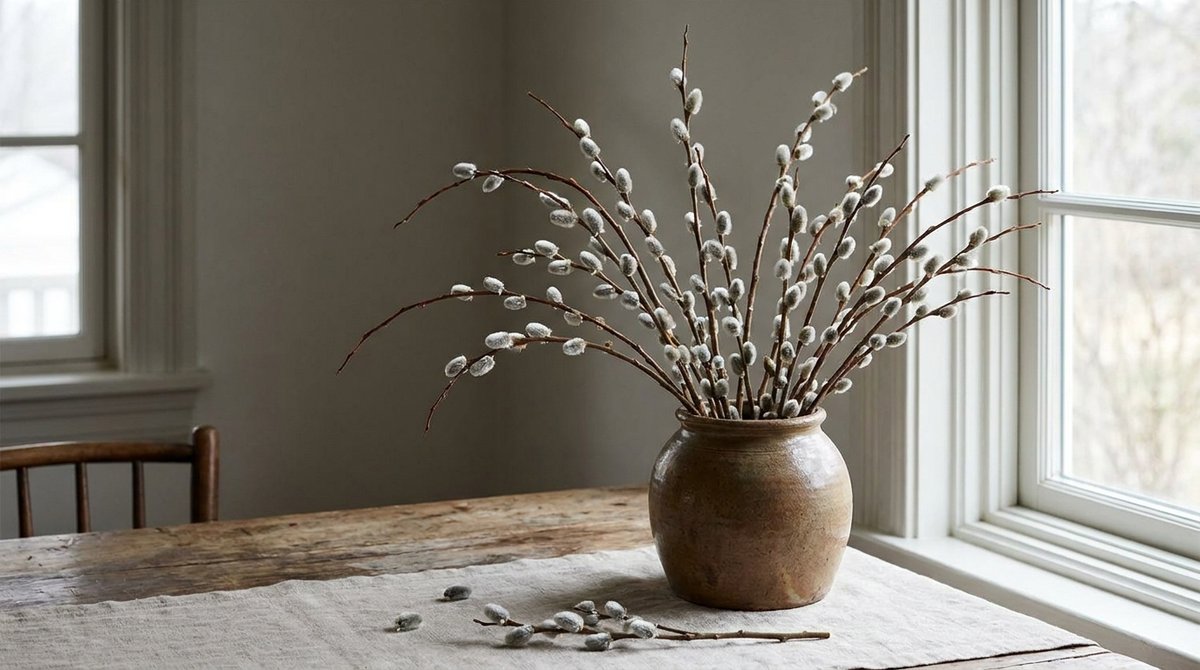 Golden Fortune preserved pussy willow arrangement in a white ceramic vase on a wooden table, soft natural light from window