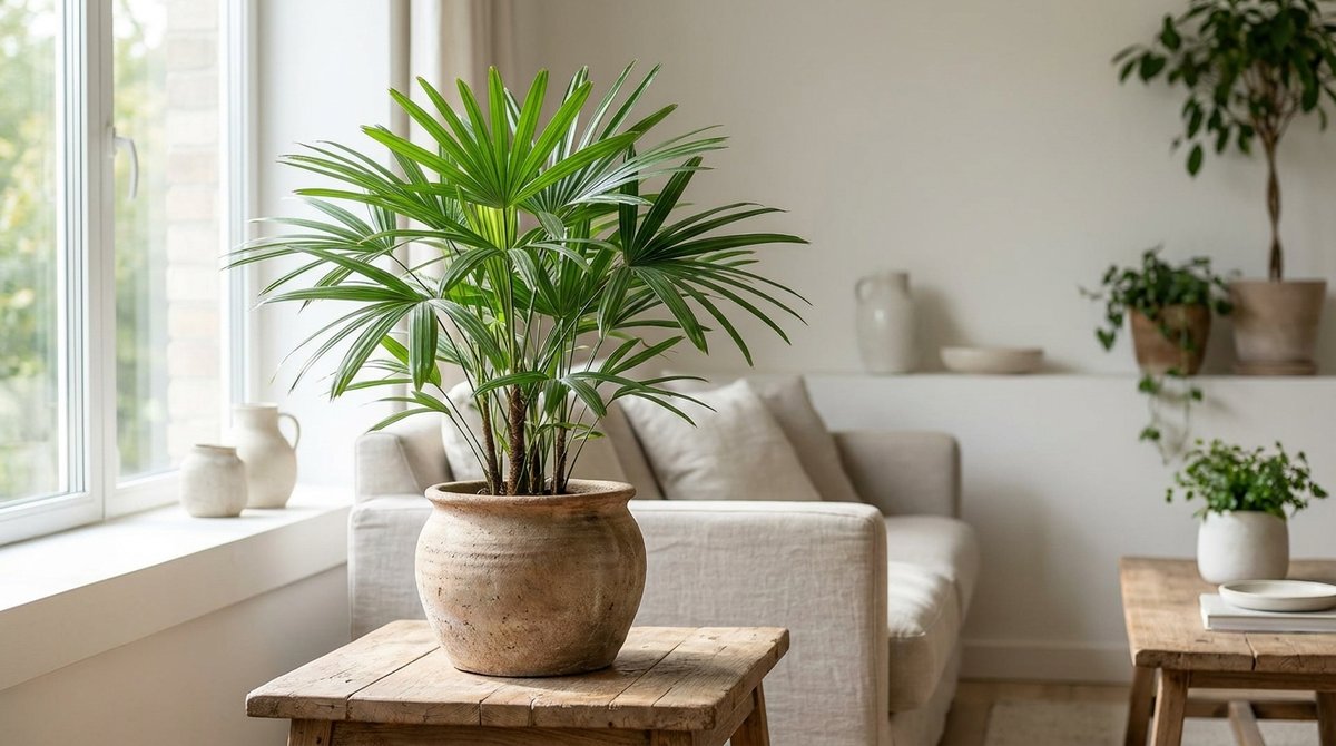 Lady Palm (Rhapis excelsa) in a decorative clay pot near a bright window