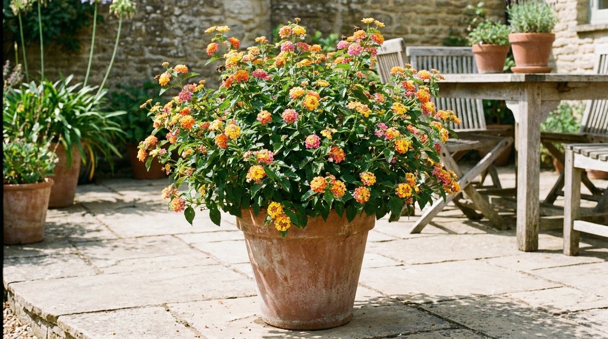 Lantana plant with colorful flowers in a terracotta pot
