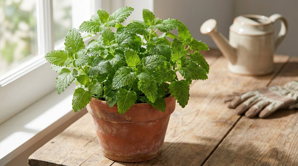 Lemon balm plant in a terracotta pot, bright green leaves, natural daylight