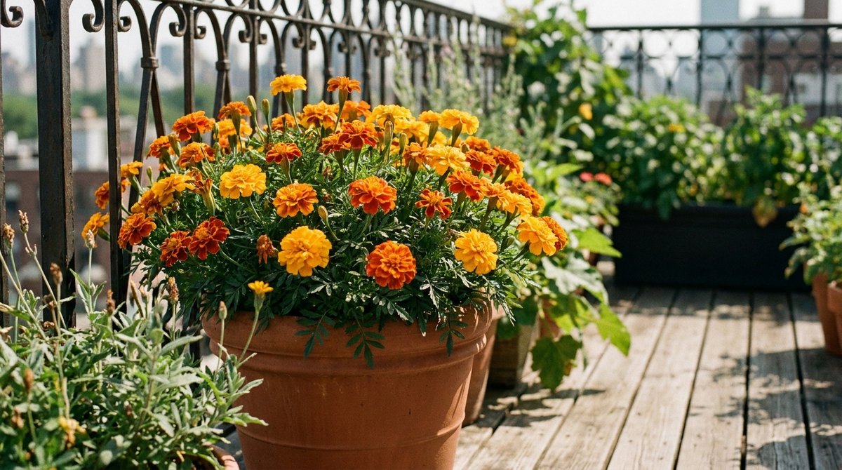 Bright orange and yellow marigolds blooming in a terracotta pot on a sunny balcony