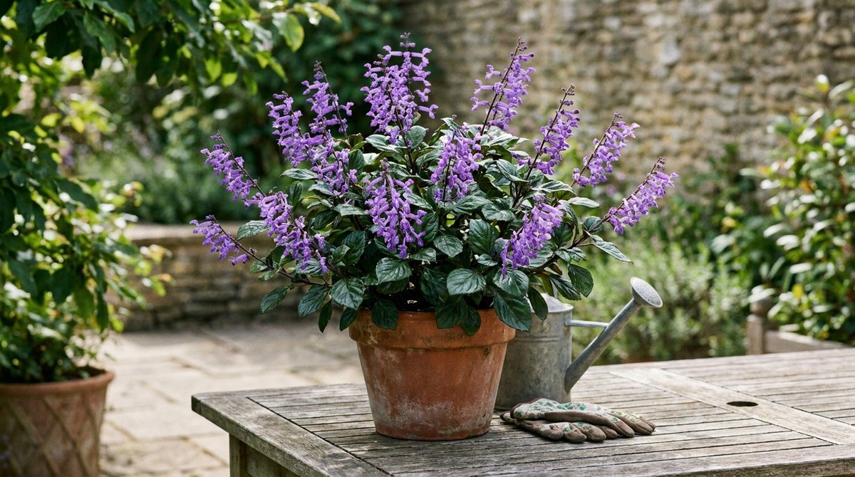 Mona Lavender plant with purple flowers in terracotta pot