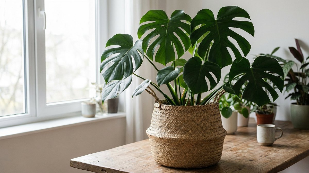 Monstera deliciosa (Swiss cheese plant) with large, split green leaves in a woven pot on a wooden table by a bright window.