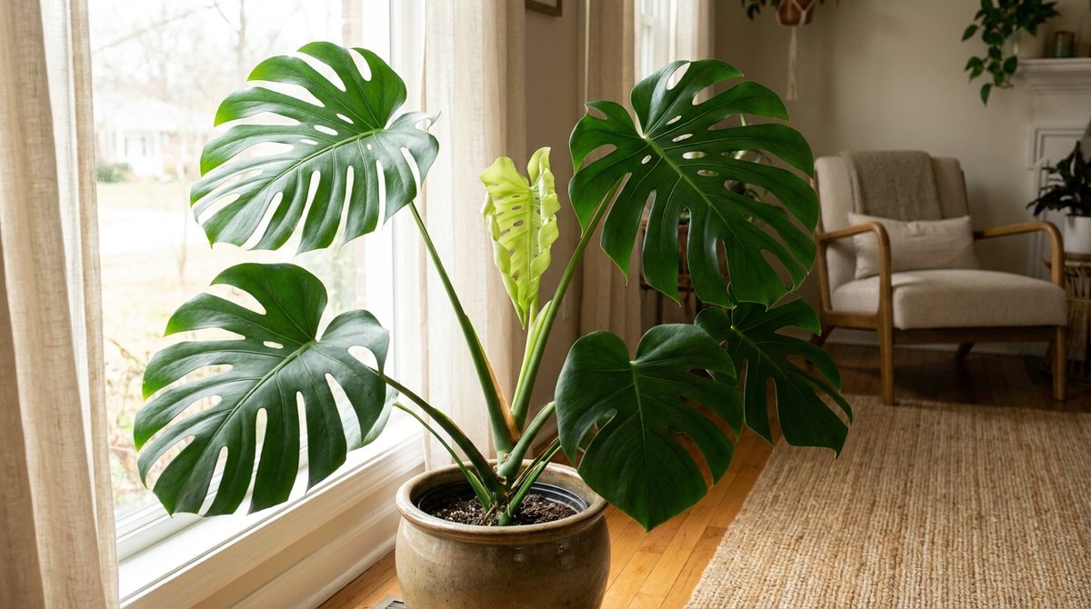 Monstera deliciosa plant with large split leaves in a pot by a sunny window.