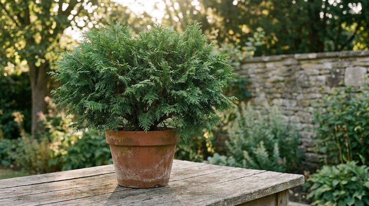 Oriental Thuja (Platycladus orientalis) in a pot on a wooden table