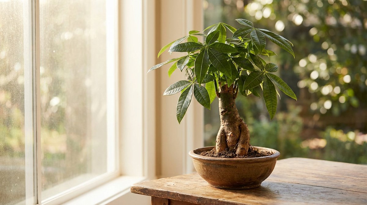 A single-trunk Pachira aquatica bonsai tree with glossy green leaves in a small ceramic pot on a wooden table.