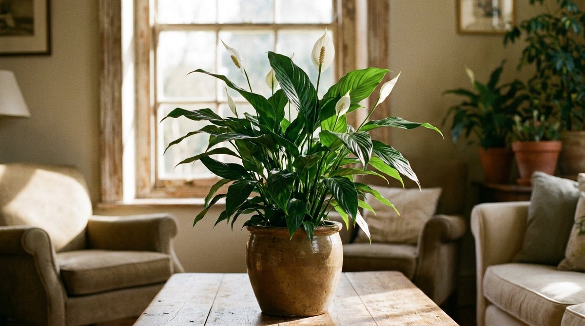 Peace Lily plant with white flowers in a pot placed on a wooden table near a window, natural daylight.
