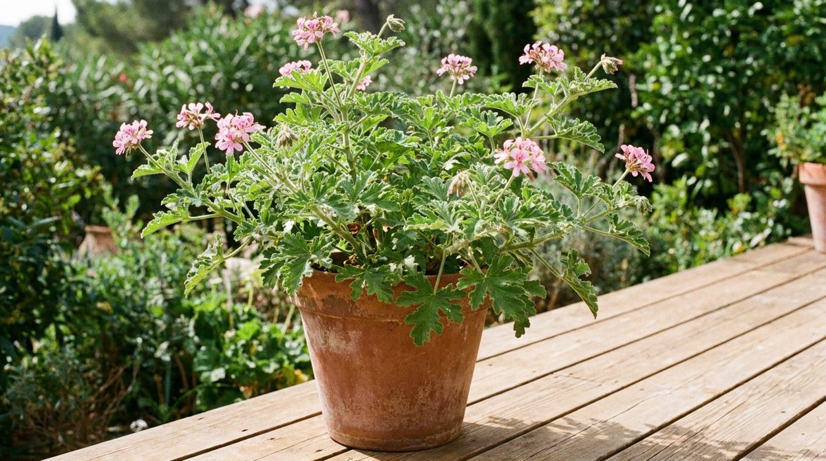 Pelargonium graveolens Citrosa Mosquito Plant in terracotta pot on sunny wooden deck