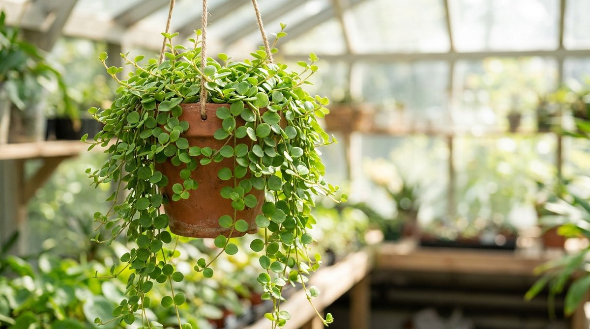 Trailing Peperomia rotundifolia with small round green leaves in a hanging pot, natural light