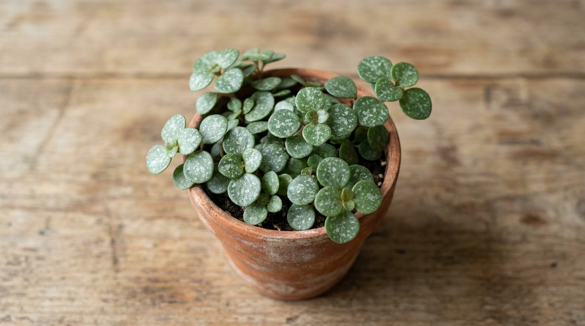 Pilea Glaucophylla Silver Sprinkles small plant in terra cotta pot on wooden table