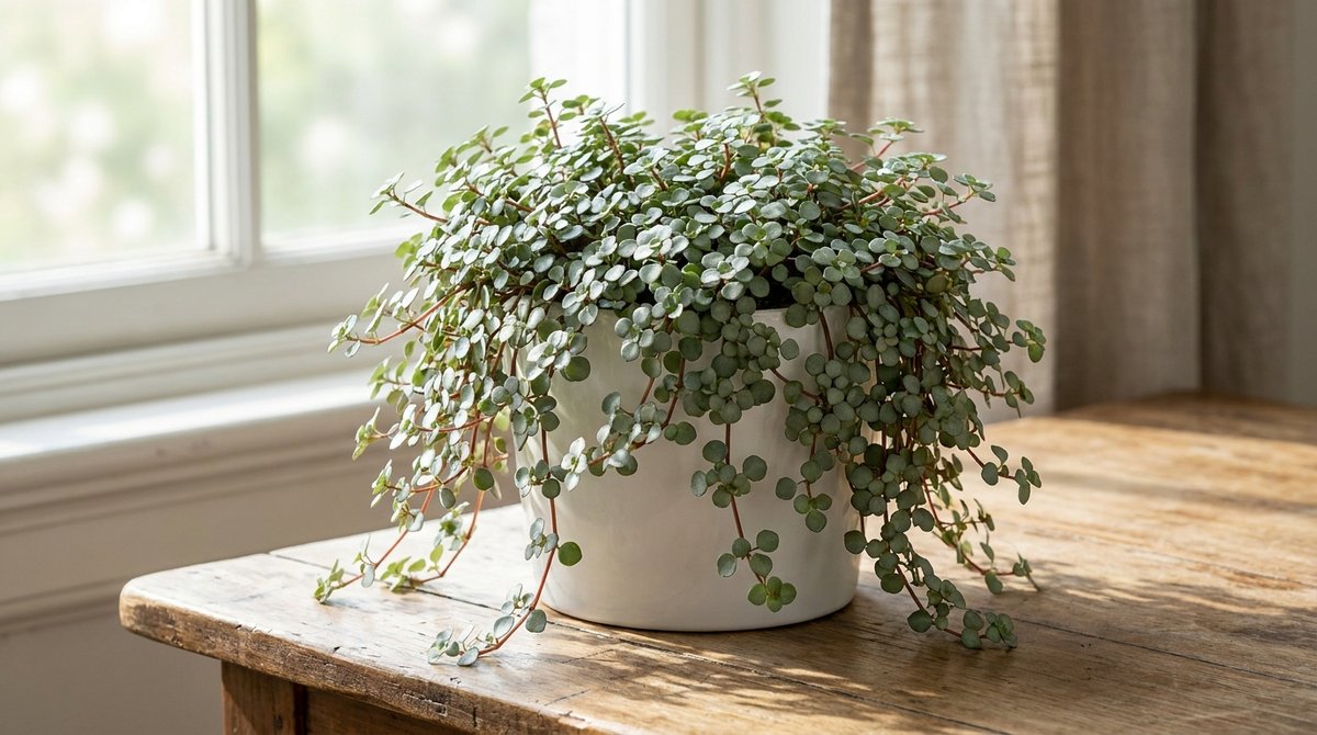 Pilea glauca 'Silver Sprinkles' plant with trailing stems and silver-dusted small round leaves in a white pot on a wooden table