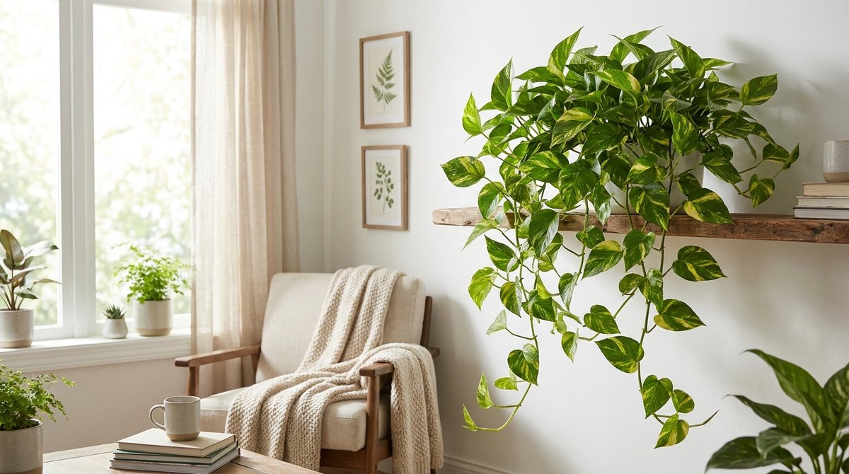 Pothos (Epipremnum aureum) trailing plant in bright indirect light