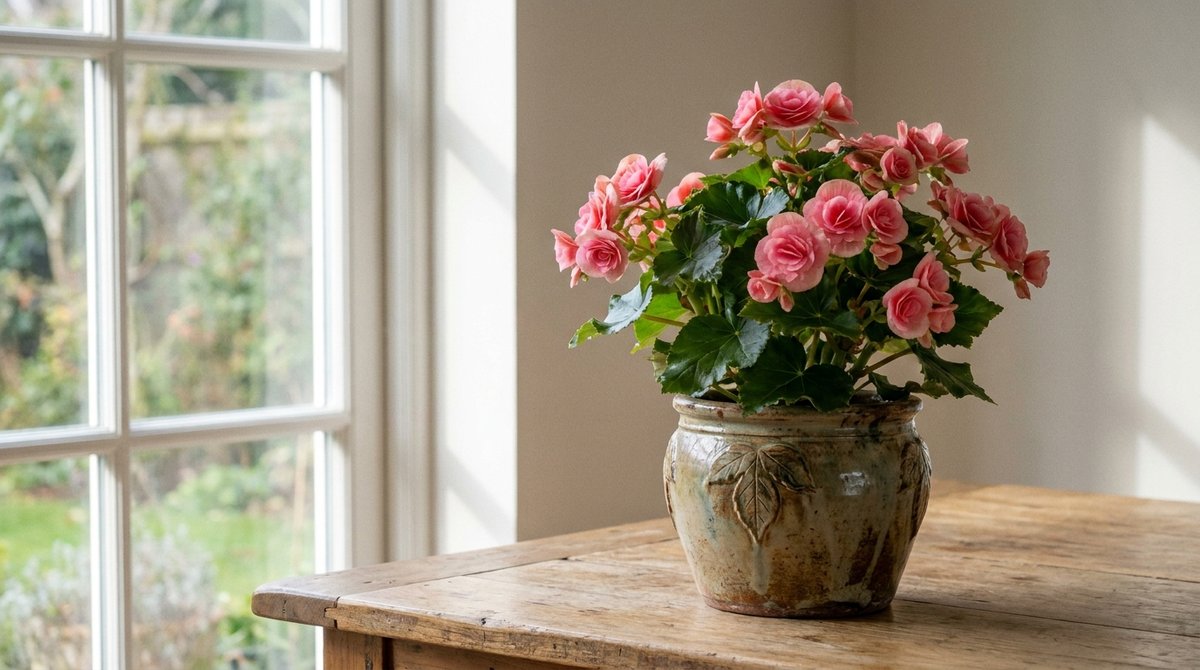 Rose Begonia plant with pink blooms in a terracotta pot by a sunlit window