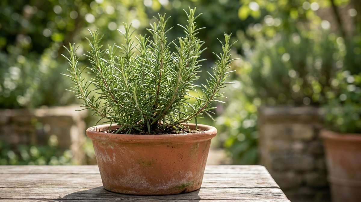 Rosemary plant in terracotta pot on wooden table, green needle-like leaves, natural outdoor lighting