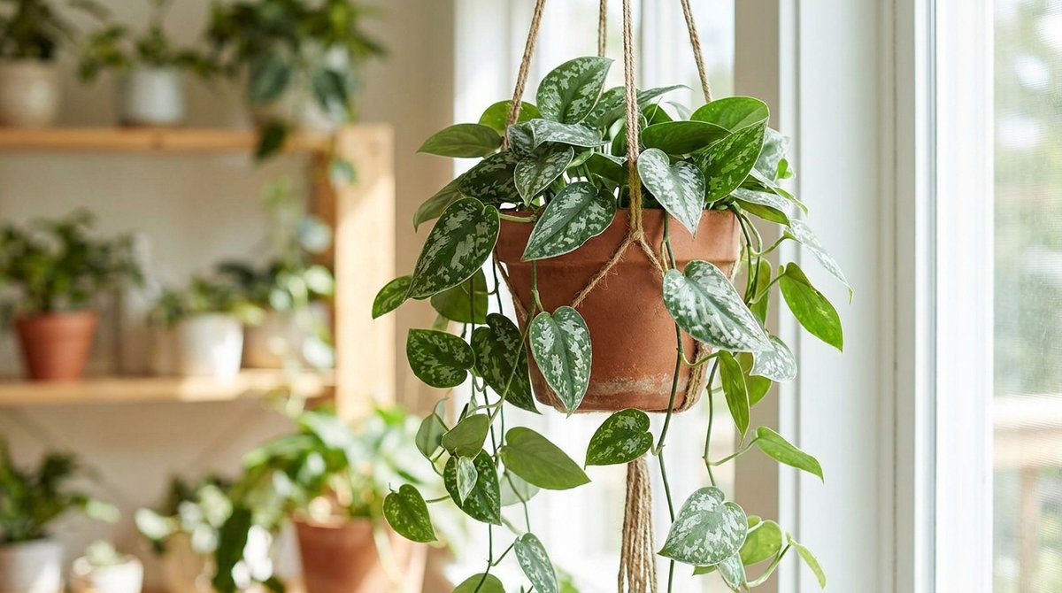 Satin Pothos plant with silver-spotted leaves trailing from a white hanging pot in natural light