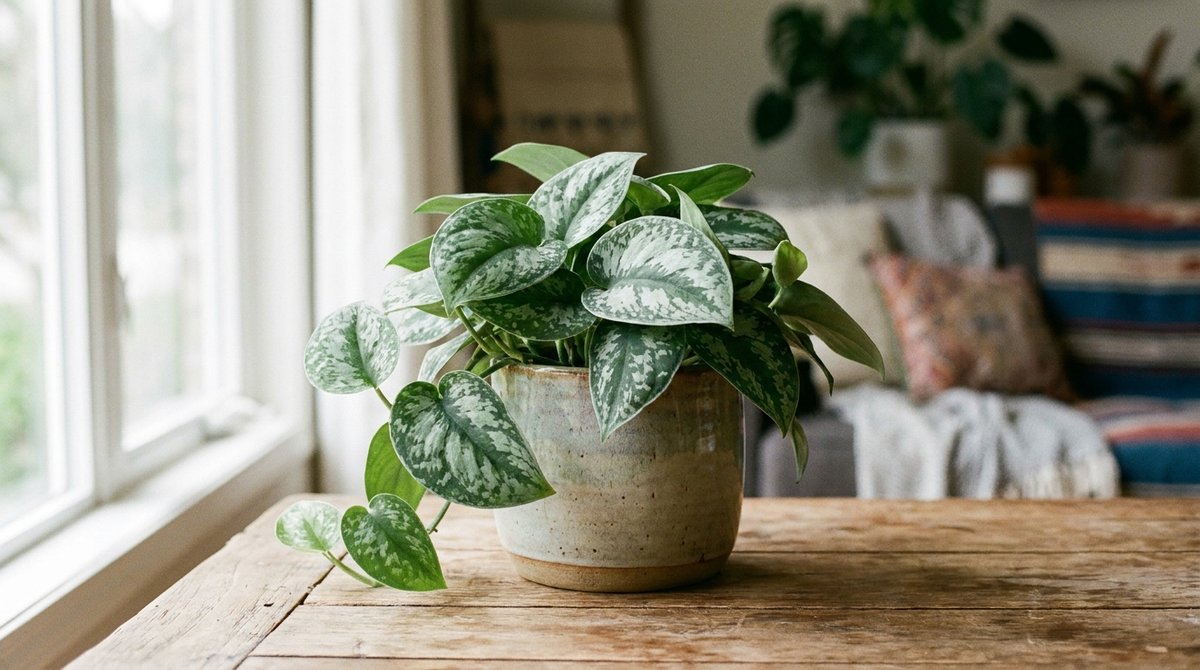 Scindapsus Silvery Ann plant with silver-splashed leaves in a pot on a table, near a window
