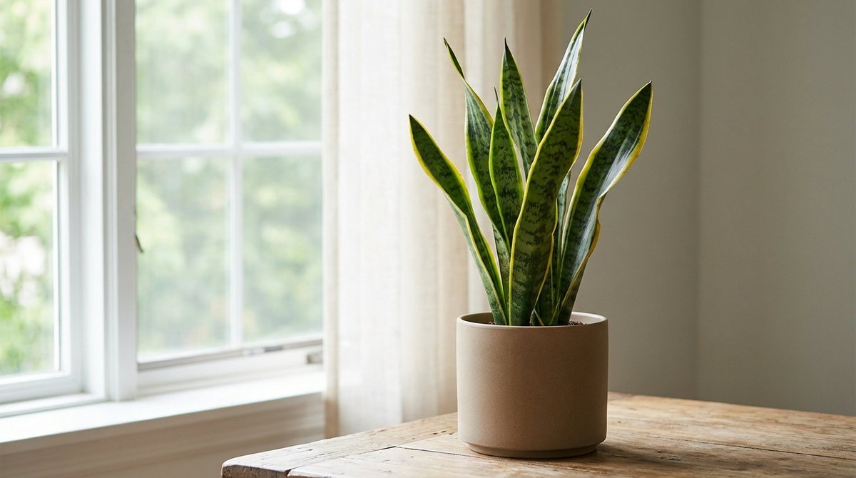 Snake Plant (Dracaena trifasciata) in a ceramic pot on a wooden table in natural daylight.