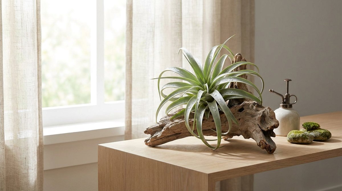 Tillandsia air plant on driftwood near bright window with natural light