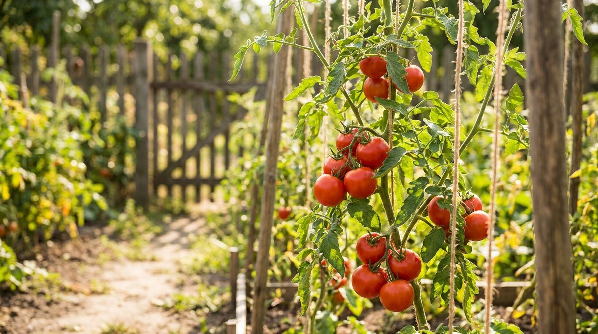 Ripe red tomatoes growing on a vine in a sunny garden