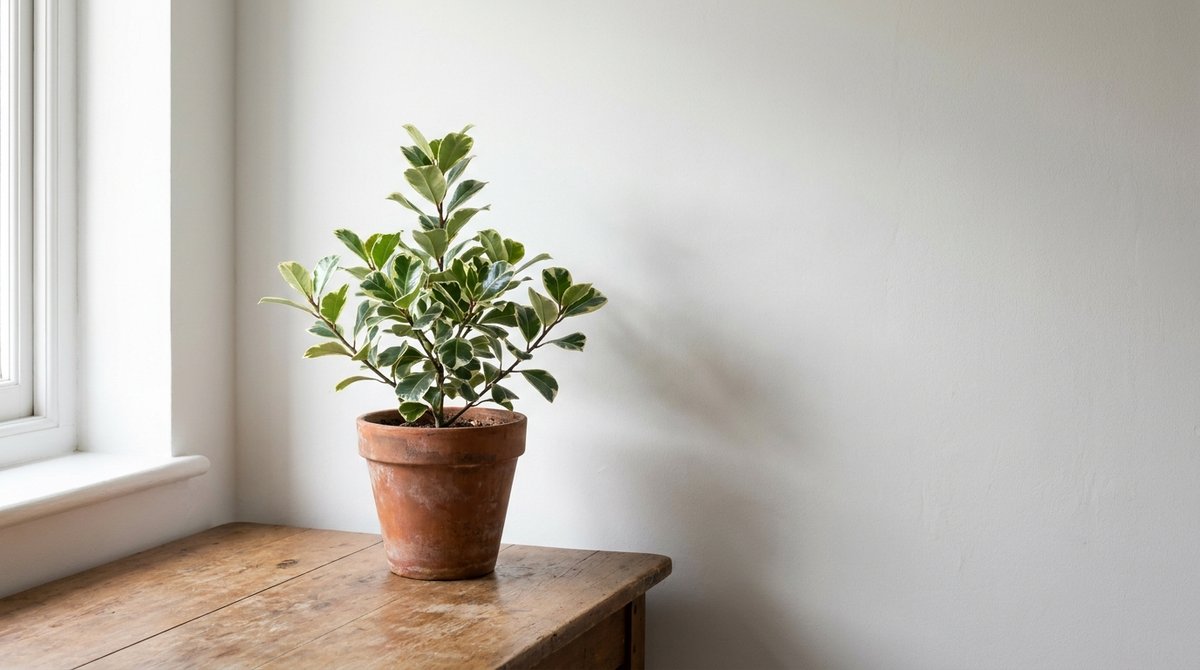Variegated Triangle Ficus plant with green and white leaves in a terracotta pot indoors