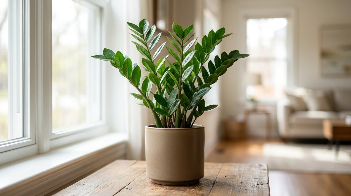 Healthy ZZ Plant (Zamioculcas zamiifolia) in a ceramic pot on a wooden table